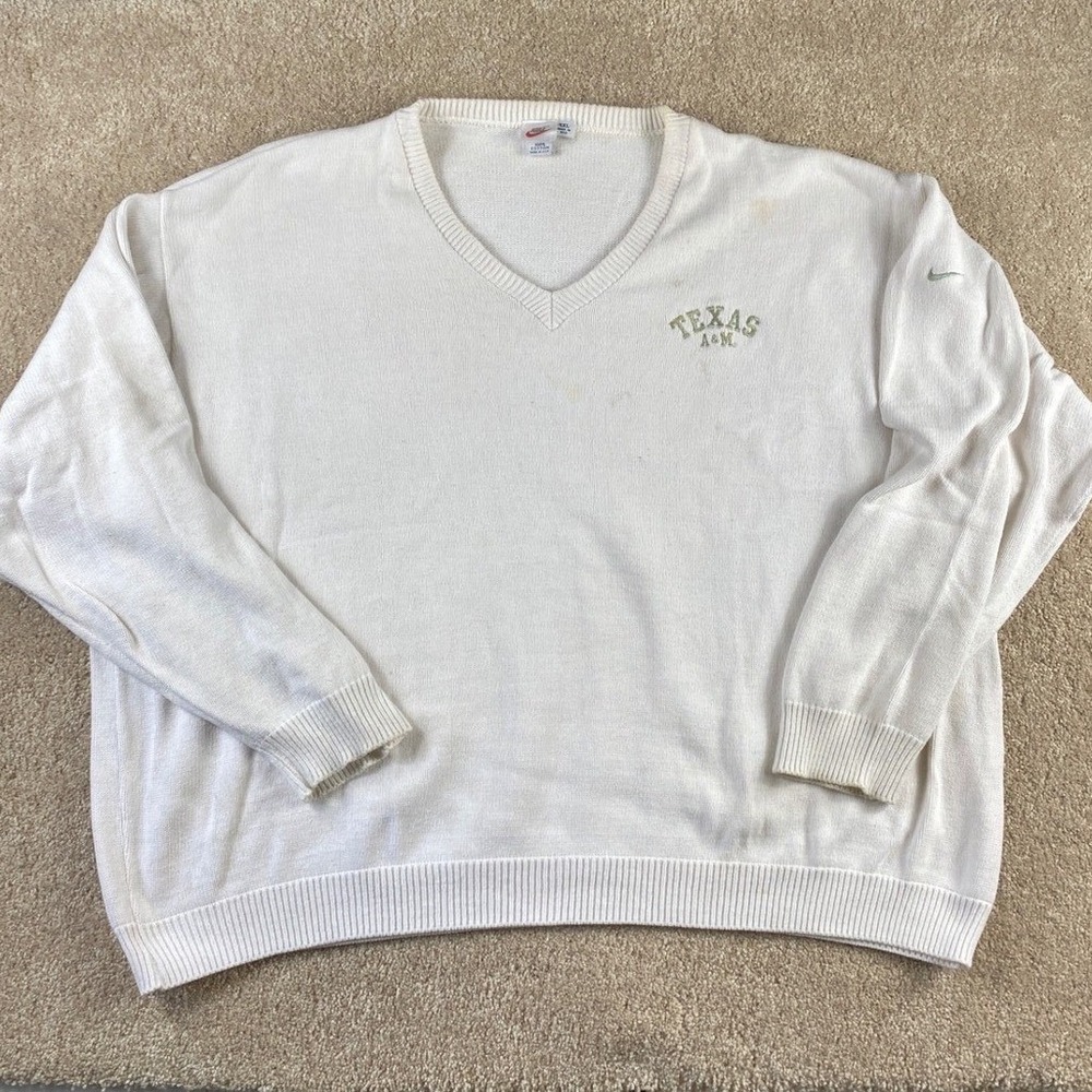 Vintage 90s Nike Texas A&M Aggies V-Neck Sweater Mens 4XL White Cotton Made USA